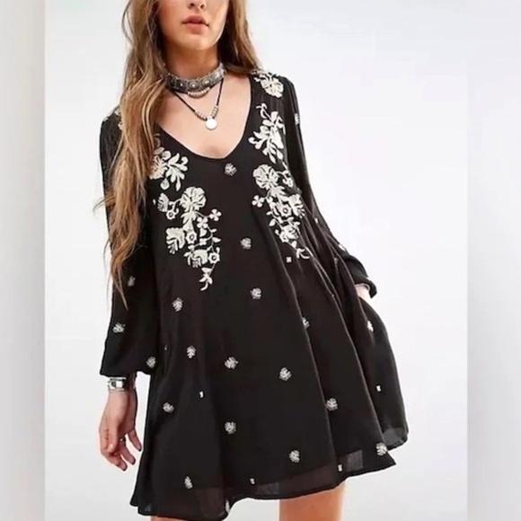 Free People Sweet Tennessee Embroidered Mini Dress Black Size Small - Picture 1 of 13